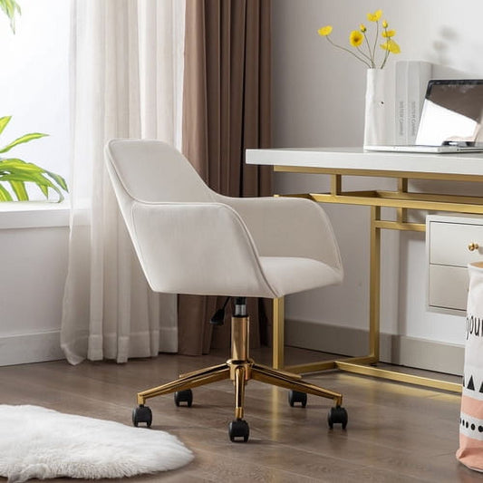 Velvet Office Desk Chair with Mid-Back, Modern Height Adjustable 360¡ã Swivel Upholstered Computer Task Chair with Arms and Wheels for Study Room Living Room Bedroom (Ivory)