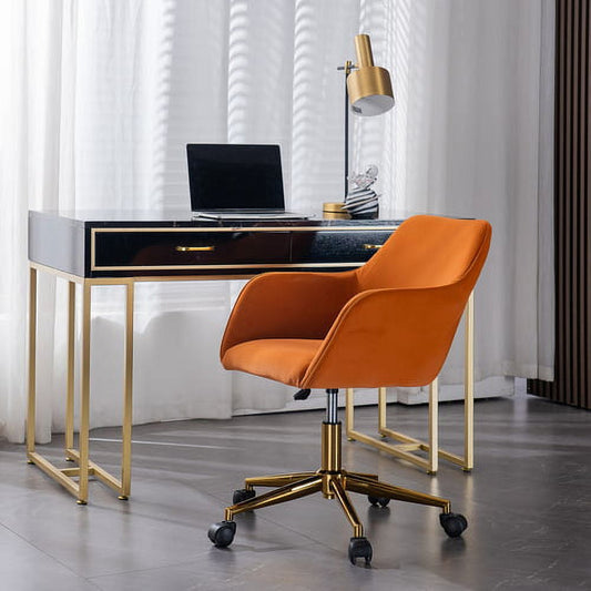 Velvet Office Desk Chair with Mid-Back, Modern Height Adjustable 360¡ã Swivel Upholstered Computer Task Chair with Arms and Wheels for Study Room Living Room Bedroom (Orange)