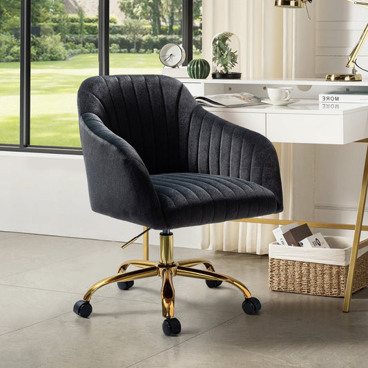 Velvet Office Desk Chair Rolling Vanity Armchair Swivel Adjustable Adult Bedroom Black