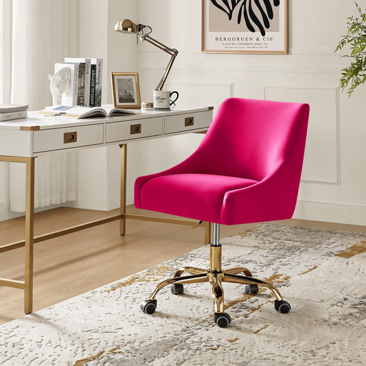 Velvet Swivel Home Office Chair with 360 Swivel Base, Height Adjustable Computer Desk Chair Metal Base Living Room, Fushia