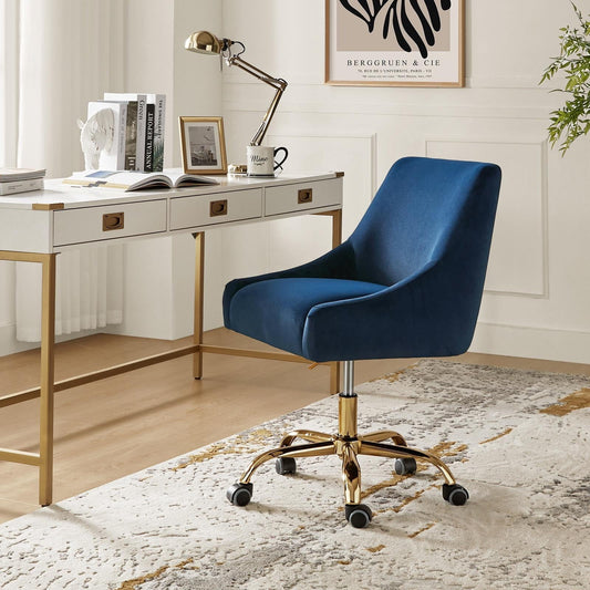 Velvet Swivel Home Office Chair with 360 Swivel Base, Height Adjustable Computer Desk Chair Metal Base Living Room, Navy