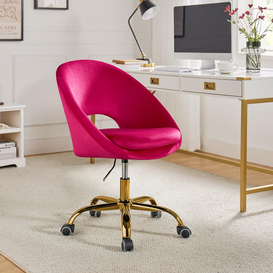 Velvet Swivel Rolling Home Office Chair Height Adjustable Computer Task Chair Metal Base Bedroom Fuchsia