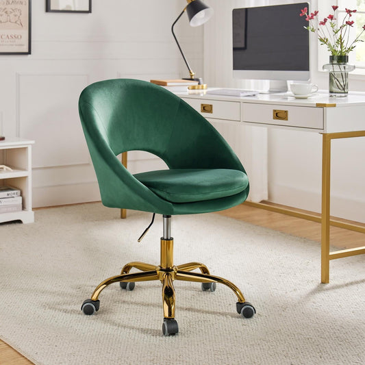 Velvet Swivel Rolling Home Office Chair Height Adjustable Computer Task Chair Metal Base Bedroom Green