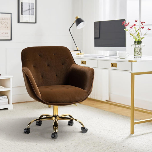 Velvet Tufted Office Chair Upholstered Swivel Modern Adjustable Armchair Metal Base Home Bedroom Brown