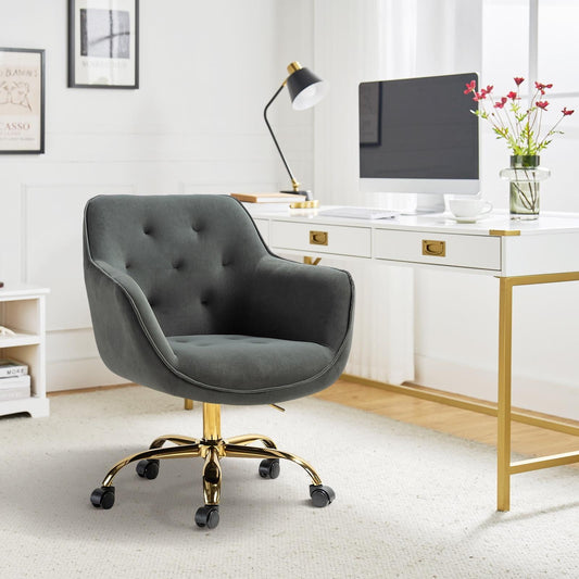 Velvet Tufted Office Chair Upholstered Swivel Modern Adjustable Armchair Metal Base Home Bedroom Grey