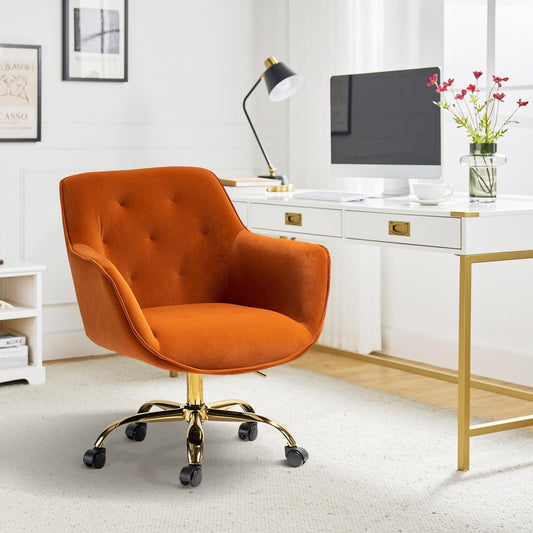 Velvet Tufted Office Chair Upholstered Swivel Modern Adjustable Armchair Metal Base Home Bedroom Orange