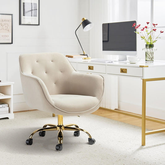 Velvet Tufted Office Chair Upholstered Swivel Modern Adjustable Armchair Metal Base Home Bedroom Tan