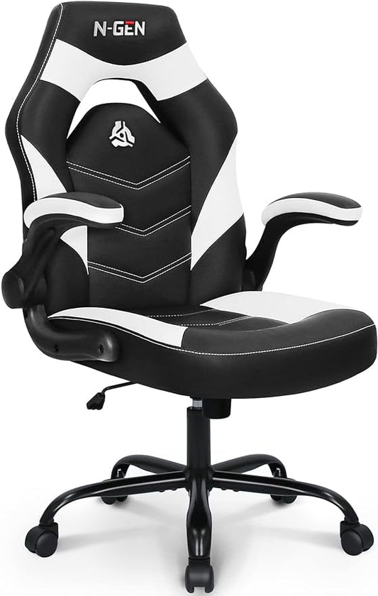 Video Gaming Computer Chair Ergonomic Office Chair Desk Chair with Lumbar Support Flip Up Arms Adjustable Height Swivel P2U Leather Executive with Wheels for Adults Women Men (White)