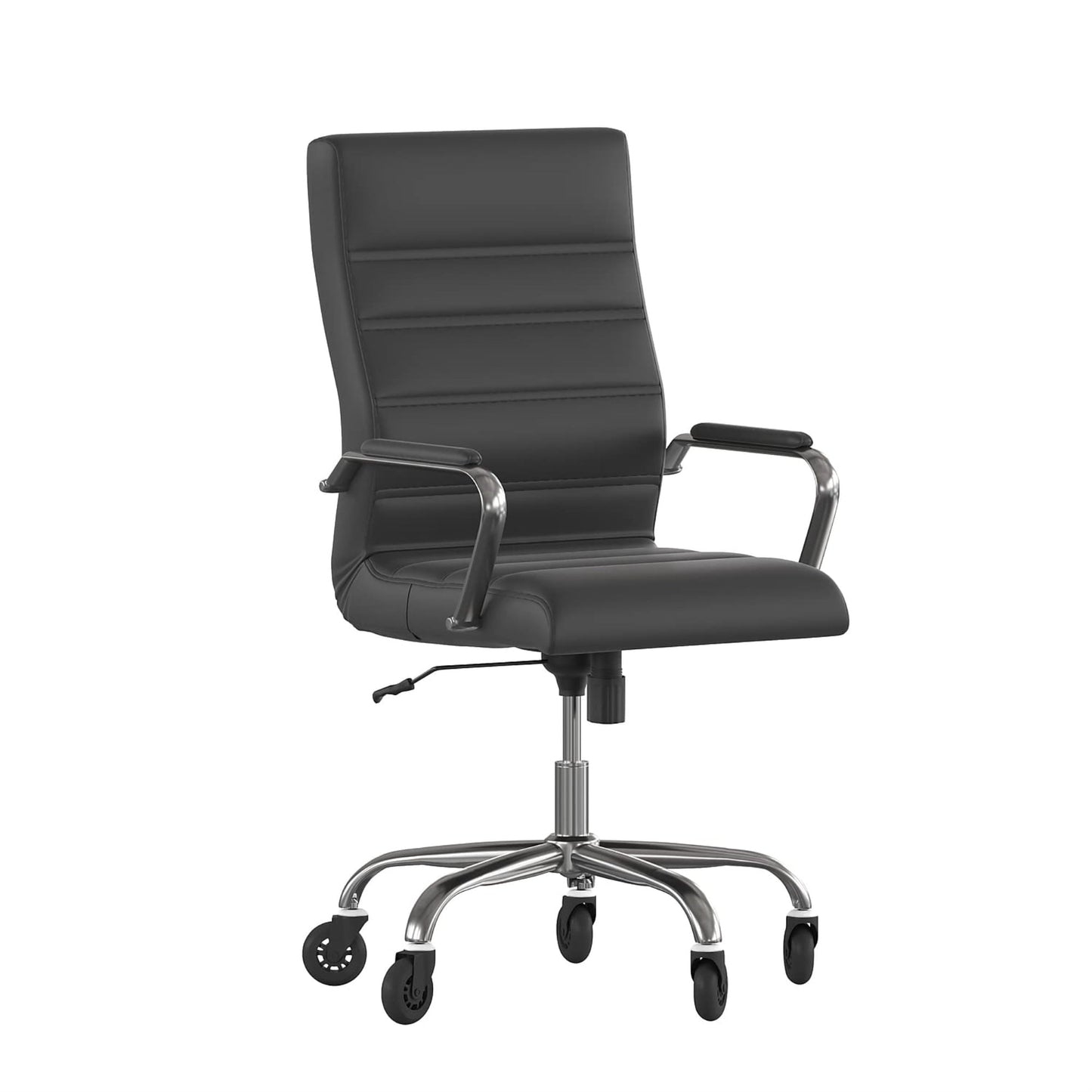 Whitney High Back Black LeatherSoft Executive Swivel Office Chair with Chrome Frame, Arms, and Transparent Roller Wheels