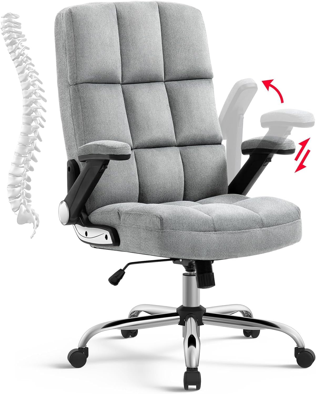 YiSHOP High Back Fabric Home Office Chair Comfotable Thick Padding Ergonomic Executive Computer Desk Chair with Flip-up Arms,Grey