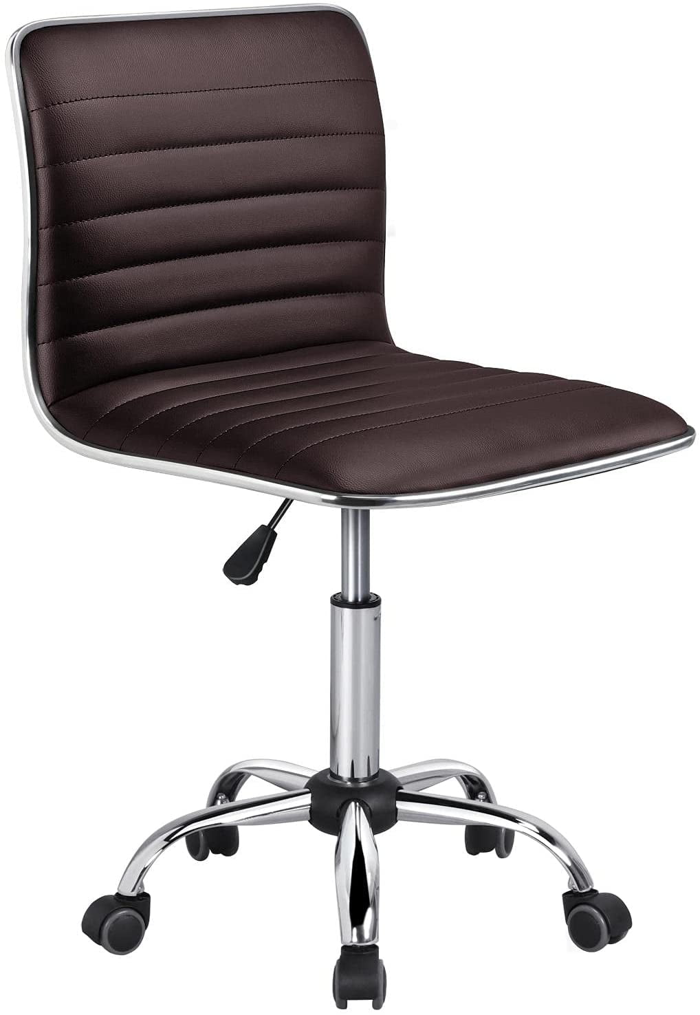 YiSHOP Task Chair Armless Office Chair PU Leather Ribbed Modern Desk Chair Adjustable Low-Back Swivel Chair w/Rolling Wheels Comfy Working Chair Makeup Chair, Brown