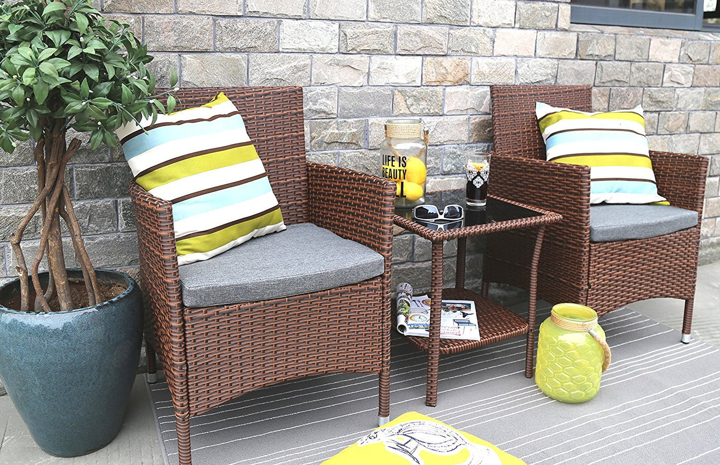 Baner Garden 3 Pieces Outdoor Furniture Complete Patio Cushion PE Wicker Rattan Garden Dining Set, Full, Brown (Q16)