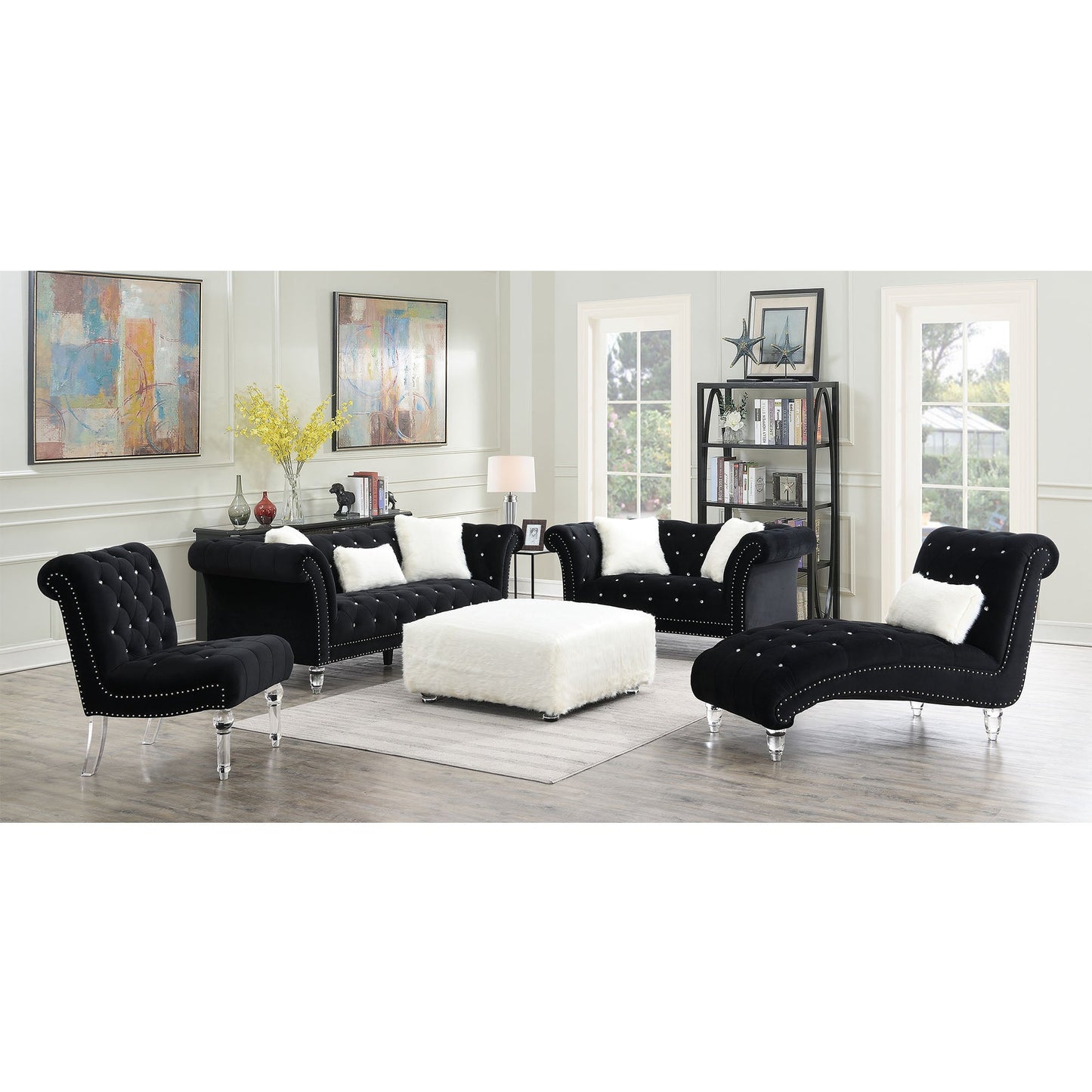 Twain 8975 Sofa in Royale Onyx W/ 2 Large and 1 Kidney Pillows W/ Acylic Legs / Diamond Tufts