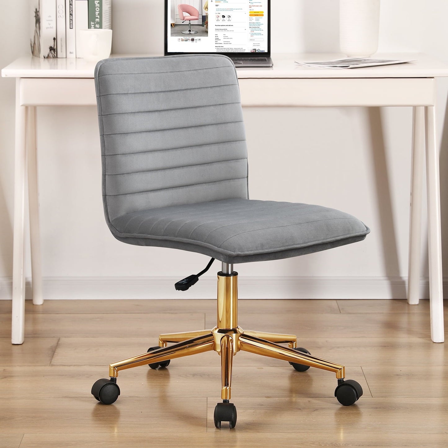 uhomepro Home Office Armless Chair, Velvet Modern Desk Chair with Wheels, Adjustable Upholstered Task Chair Mid-Back Chair for Living Room, Small Space, Velvet Grey