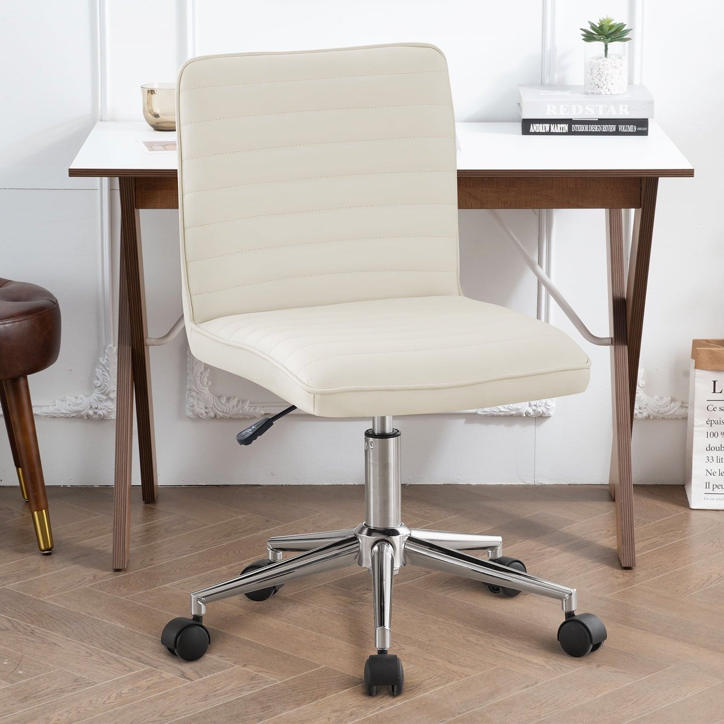 uhomepro Home Office Armless Chair, Velvet Modern Desk Chair with Wheels, Adjustable Upholstered Task Chair Mid-Back Chair for Living Room, Small Space, Leather White